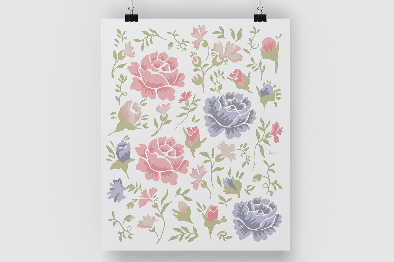 Floral patterned poster with pink, purple, and green flowers on a white background