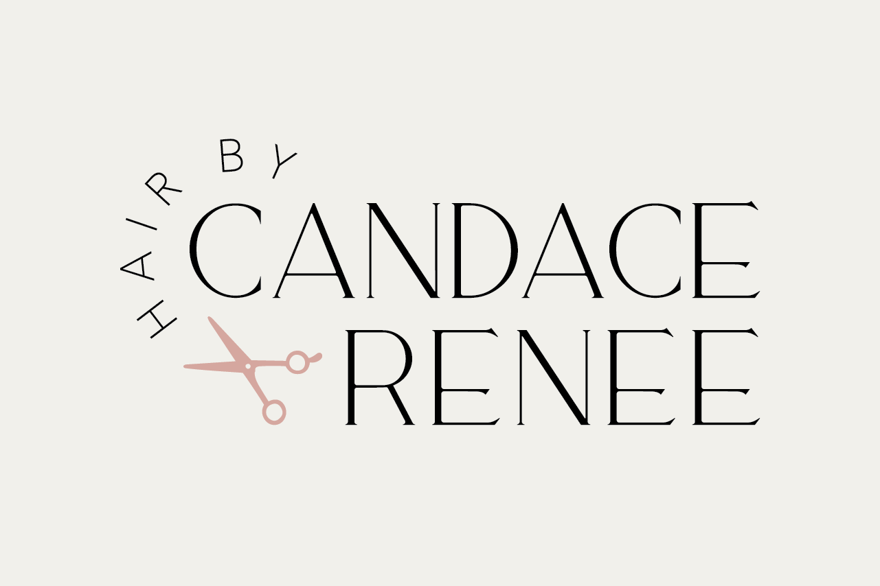 Logo for 'Hair by Candace Renee' with scissors icon on a light gray background