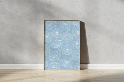 Blue Floral Outline Print – Abstract Botanical Wall Art (Digital Download)