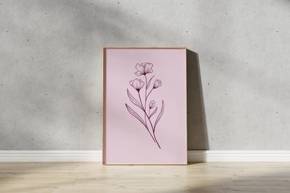 Pink Flower Outline Print – Bouquet Line Drawing Wall Art (Digital Download)