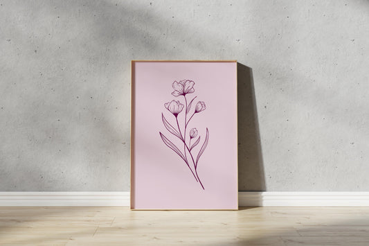 Pink Flower Outline Print – Bouquet Line Drawing Wall Art (Digital Download)