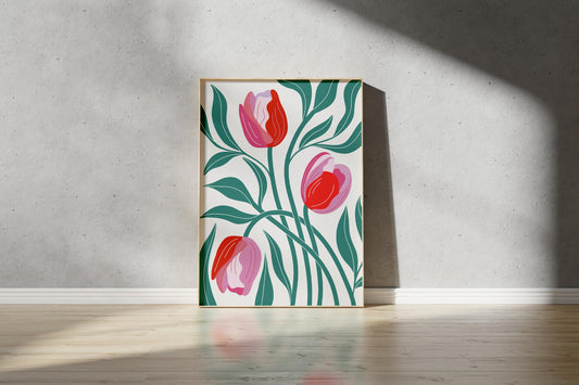 Tulips & Leafs Print – Abstract Botanical Wall Art (Digital Download)