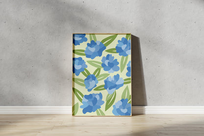 Blue Flowers & Leafs Print – Abstract Botanical Wall Art (Digital Download)