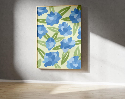Blue Flowers & Leafs Print – Abstract Botanical Wall Art (Digital Download)