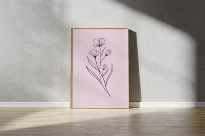 Pink Flower Outline Print – Bouquet Line Drawing Wall Art (Digital Download)